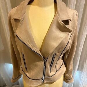 Laundry By Shelli Segal Beige Leather Jacket with Zipper Accents